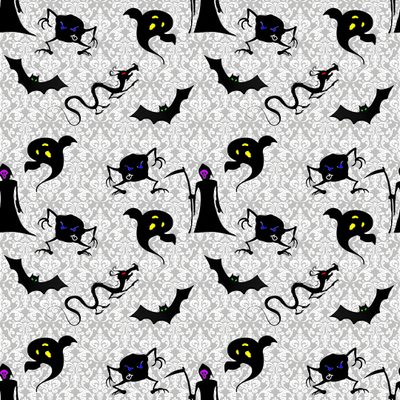 black cats and bats on a white wallpaper background with purple eyes, ears, and tails Halloween Dollhouse Haunted Dollhouse Pattern, Gacha Life Spooky House Pattern, Collectible Dolls, silver