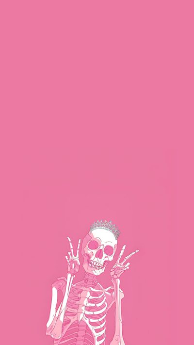 the skeleton is holding up his hand in front of a pink background with white writing on it Pink Halloween Skeleton Skull Pink, Pink Funny, Iphone Pink, Pink Lock Screen Iphone, pale violet red