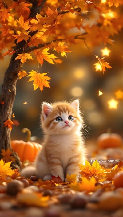 a kitten sitting under a tree surrounded by leaves Halloween Kitten Hd Animal Antics, Autumn Animals, Animals Friendship, Fall Kitties, Fall Pictures, sienna