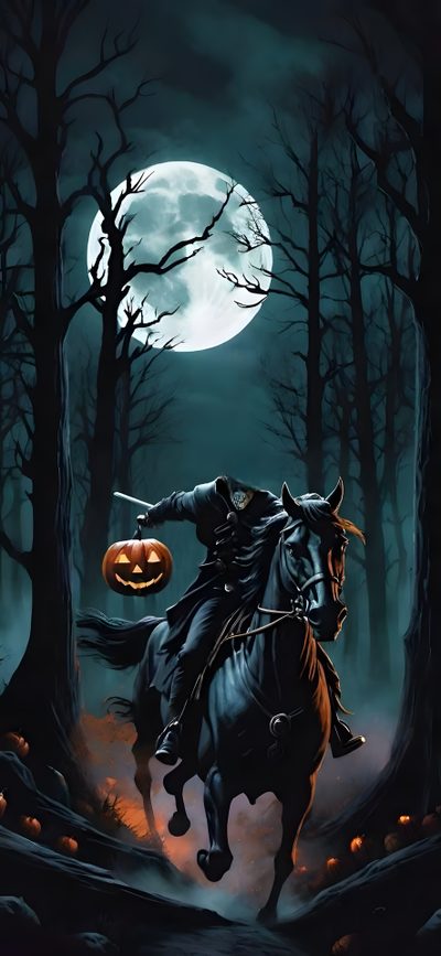 a man riding on the back of a horse in front of a full moon Halloween Headless Horseman Sleepy Hollow Halloween, Sleepy Hollow Headless Horseman Art, Sleepy Hollow Headless Horseman, black
