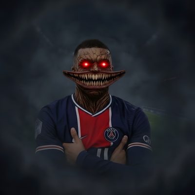 a creepy looking man with red eyes and an evil look on his face Football Halloween Psg Mbappe Scary, Neymar Horror Pic, Ronaldo Zombie, Demon Messi, black
