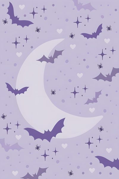 bats flying over the moon with stars and hearts in the sky on a purple background Boho Halloween On Light Purple Bat And Moon Design, Cute Halloween Phone, Halloween Party Invitation Ideas, thistle