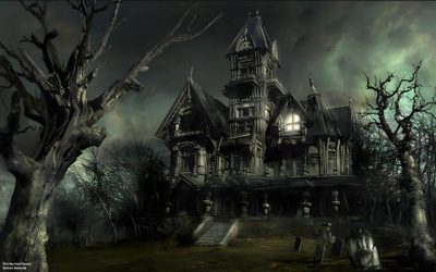 an image of a creepy house in the woods Halloween Mansion Old Spooky House Image, Haunted Manor House Images, Maison House Hunted, dark slate gray