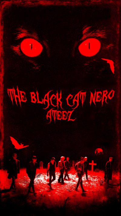 the black cat hero movie poster with red eyes and people walking in front of it Ateez Halloween Ateez Hala Hala, Ateez Black Cat Nero, Halateez, Ateez Halloween, Black Cat Ateez,