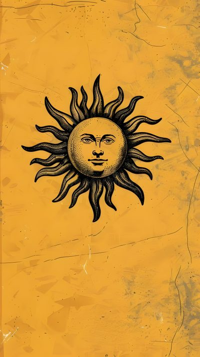 a drawing of a sun with the face of a man's head on it Halloween Sun Pattern Egyptian Goddess, goldenrod