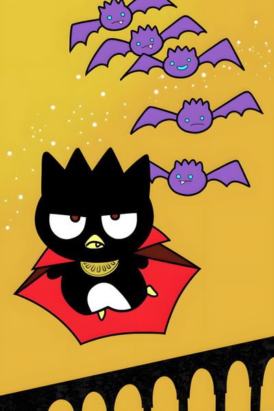 an image of a cartoon bat flying in the sky with bats coming out of it Badtz Maru Halloween Badtz Maru Halloween, Badtz Maru Vampire, Maru Halloween, Sanrio Badtz Maru, goldenrod