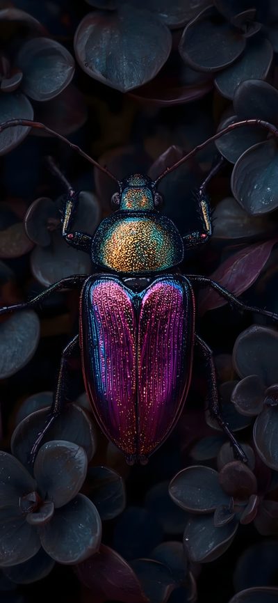 a colorful beetle sitting on top of purple leaves Halloween Insects Iridescent Bugs, Shiny Beetles, Bug Art Aesthetic, Exotic Beetle Background, black