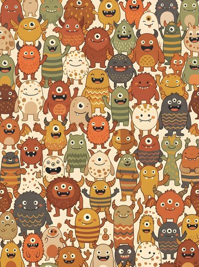 a large group of cartoon monsters with different colors and sizes, all standing in the same pattern Halloween Monster Pattern Monster Characters, Cartoon Monsters, Cute Monsters, Background Patterns, peru