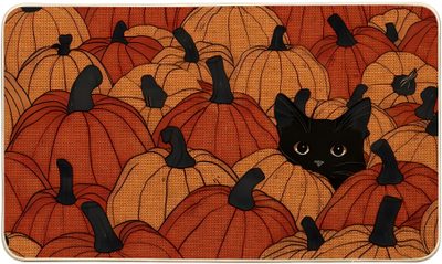 a black cat peeking out from between the rows of pumpkins on a door mat Generic Halloween Cat Desktop Cute Fall Landscape, Laptop Halloween, Fall Halloween Laptop, brown