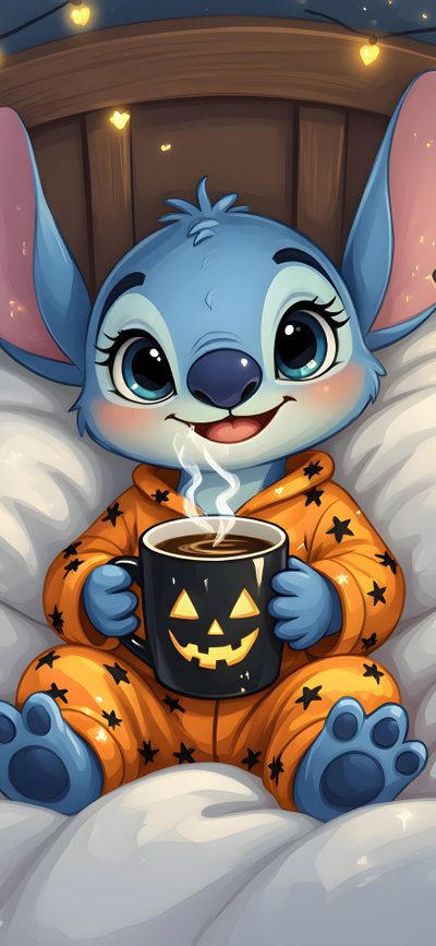 a cartoon character sitting in bed with a cup of coffee and smiling at the camera Kawaii Kawaii Cute Stitch Halloween Lilo And Stitch 2002, Lilo And Stitch Characters, Stitch Quote, gray