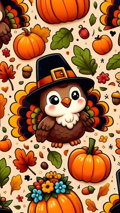 an owl wearing a pilgrim hat surrounded by pumpkins Halloween Thanksgiving Cute Thanksgiving Iphone, Thanksgiving Kids, Thanksgiving Cartoon, chocolate