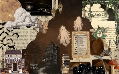 a collage of halloween related items including pumpkins and ghost Halloween Spooky Grunge Custom Dark Academia Ipad, Spooky Laptop, Whimsical Computer, dark olive green