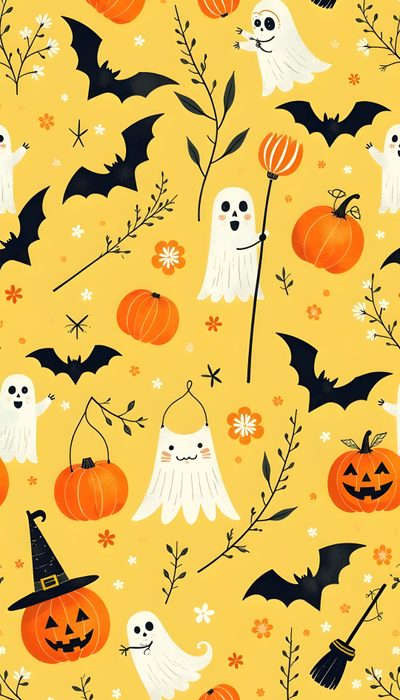halloween seamless pattern with ghost, pumpkins and bats on yellow background for wallpaper Cute Yellow Halloween Cute Halloween, Halloween Kids, Background Cute Halloween, Halloween Cute, sandy brown