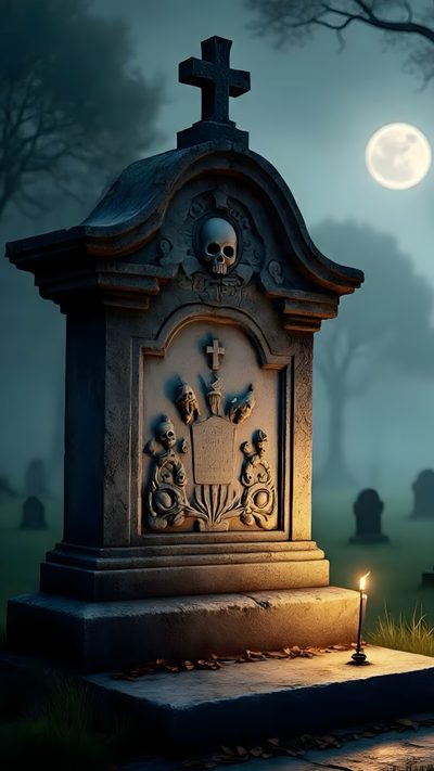 a cemetery with a lit candle in the foreground and a full moon in the background Ios 26 Depth Effect Halloween Halloween Iphone, Funny, Bible Verse, Halloween, Graveyard, dark slate gray