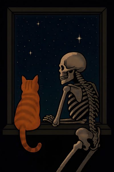 a skeleton sitting on a window sill with a cat looking at it in the dark Halloween Skeleton Cat Graphic Tshirt Design, Cat Skull, Skeleton Holding Cat, Cat On Skeleton Lap, black