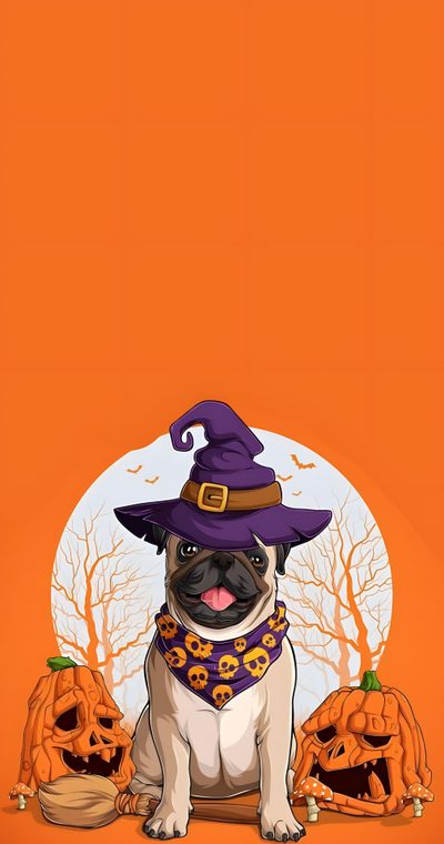 a pug dog wearing a witches hat and sitting next to two pumpkins on an orange background Halloween Pug Iphone Movie Posters, Fabric, Film Posters, chocolate