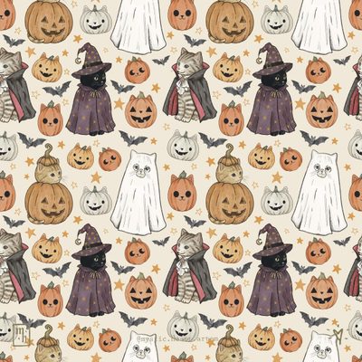 a halloween pattern with pumpkins, ghost and cats on it's back ground Halloween Cats Bats Owls Spiders Sm Halloween Wedding, Cat Illustration, Halloween Art, antique white