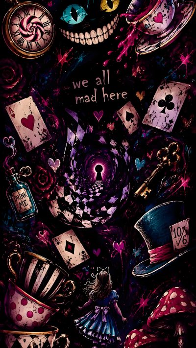 an image of a poster that says we all mad here Halloween Alice Custom Alicia Core Aesthetic, Alice In Wonderland Inspired, Tim Burton Iphone, black