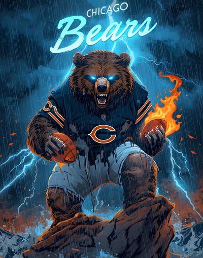 the chicago bears mascot sitting on top of a rock with lightning in the sky behind him Chicago Bears Halloween Chicago Bears Background, Chicago Bears Mascot Art, Chicago Bears Bear, dark slate gray