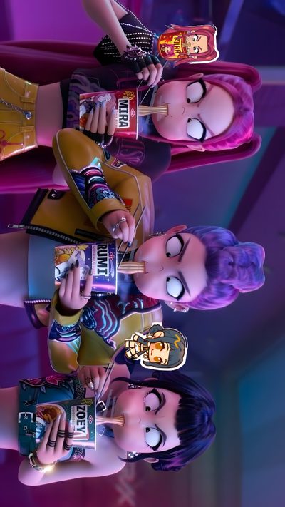 three cartoon characters standing next to each other in front of a purple background with neon lights Halloween Kpop Demon Hunters Kpop Demon Hunters Picture, Kpop Demon Hunters Girls, Romy, dark slate gray