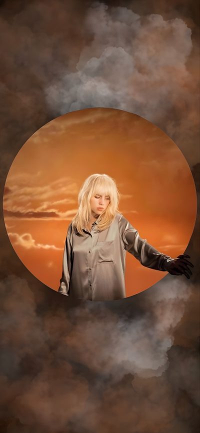 a woman standing in the clouds with her arms out and looking at the sun behind her Halloween Billie Eilish Gold Wing Billie, Billie Eilish Orange, Goldwing Billie, dark olive green