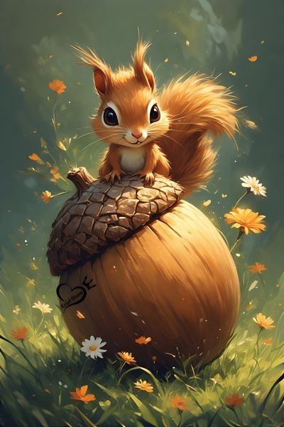 a painting of a squirrel sitting on top of a pine cone Squirrel Halloween Autumn Forest Scene, Cute Squirrel Illustration, Fall Greeting Card Inspiration, dark olive green