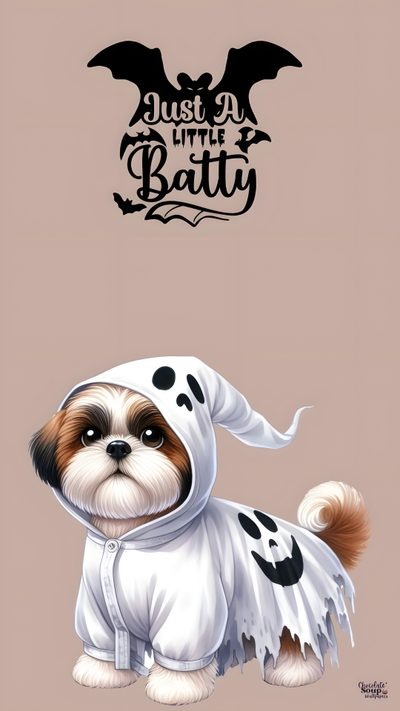 a small dog wearing a white and black outfit with the words just a little batty on Dog Halloween Iphone Halloween Dog, Cute Dog Halloween, Spooky Dog, Halloween Dogs, tan