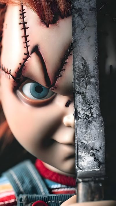 a close up of a doll's face with a knife in its mouth and eyes Halloween Iphone Chucky Chucky Face, Chucky Aesthetic Iphone, Chucky Cute, Chucky Scary, dim gray