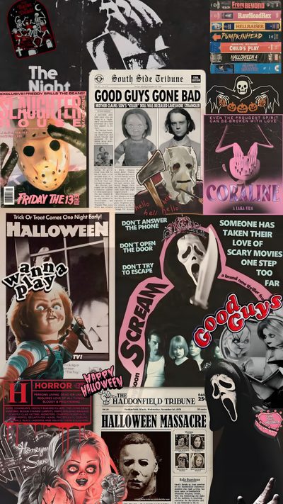 an assortment of posters and flyers from the 80s's to present as wallpaper Halloween Movies Halloween, Backgrounds Scary Movie, Horror Movie Iphone, Kids Playing, dark olive green