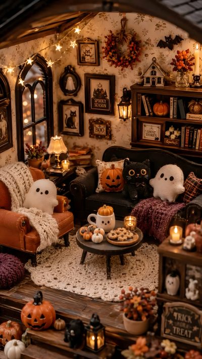 a living room decorated for halloween with pumpkins and other decorations on the walls, couches and tables Halloween Dollhouse Doll House Halloween, Halloween Cozy Aesthetic, Cozy Halloween, saddle brown