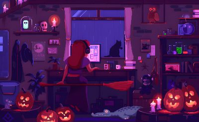 a woman in a room decorated for halloween Halloween Gift Halloween-themed Pixel Art Room, Halloween Laptop Gif, Halloween Live Pc, midnight blue