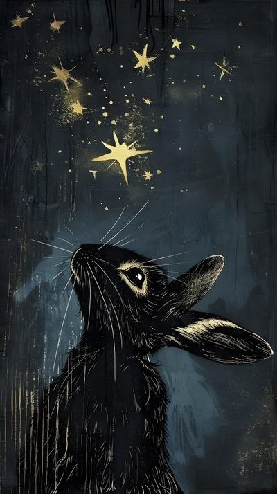 a painting of a black rabbit with stars on it's head in the night sky Halloween Rabbit Rabbit Art, Black Rabbit, Black Rabbit Art, Star Rabbits, dark slate gray