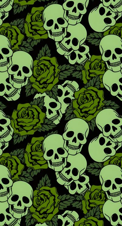 green and black skulls with roses on the side seamless background stock photo - 1387982 Green Halloween Iphone Green Skull, Green Background Skull Design, Green And Black Skull Pattern,