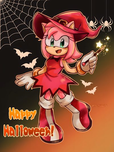 a cartoon character dressed as a witch holding a wand and wearing a red hat with the words happy halloween on it Amy Rose Halloween Amy Rose Halloween Costume, Amy Rose Skeleton, Sonic And Amy Halloween, saddle brown