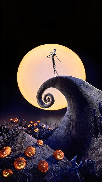 jack skellingy standing on top of a hill with pumpkins in the air Halloween Jack Skeleton Marshmello, Nightmare Before Christmas, Halloween Iphone Backgrounds, black