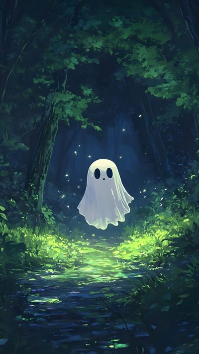 a white ghost floating in the air over a forest filled with green plants and trees Halloween Ghost Tree Backgrounds Ghost, Cool Ghost, Ghost Forest, Green Ghost, Ghost Phone, dark slate gray