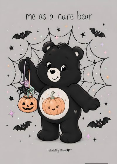 a black teddy bear holding two jack - o'- lantern pumpkins with the words me as a care bear on it Aesthetic Halloween Care Bear Cute Halloween Aesthetic, Halloween Characters, Elvira Movies, silver
