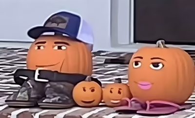 two pumpkins with faces are sitting on the front steps and one is wearing a hat Goofy Ahh Halloween Goofy Ah Pumpkin, Roblox Man Face Pumpkin, Roblox Pumpkin Painting, indian red
