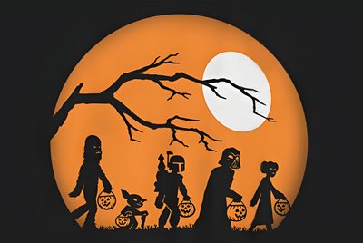 the silhouettes of people in halloween costumes are walking through front of a full moon Star Wars Halloween Darth Vader Happy Halloween, Star Wars Pumpkins Painting, Star Wars Thanksgiving, black