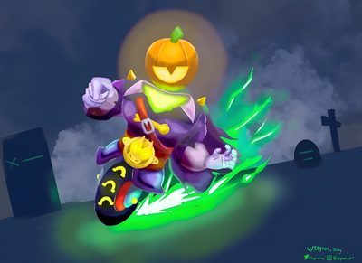 an image of a cartoon character riding a motorcycle with a pumpkin on it's back Halloween Pumpkin Brawl Custom Wicked, Stars, I Cool, Star Art, dark slate gray