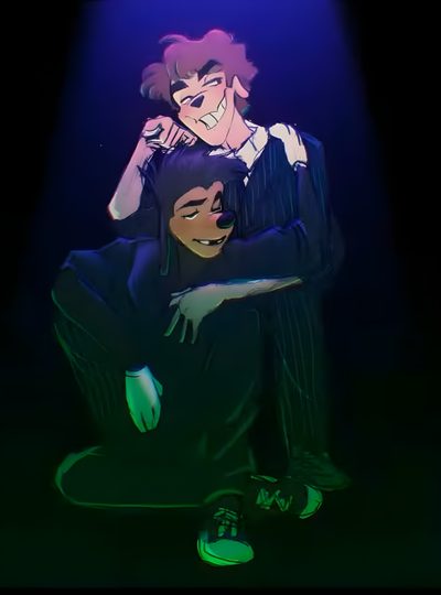 two people sitting on the ground with their arms around each other in front of a purple light Max And Tommy Halloween Goofy Movie Fanart, Brad X Max Goof Fanart, An Extremely Goofy Movie Fanart, black