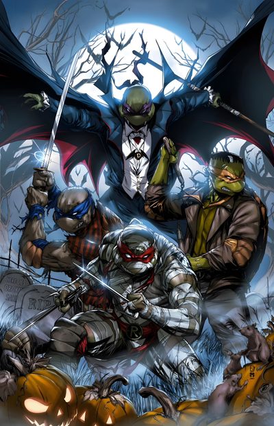 an image of some cartoon characters in front of a full moon with bats and pumpkins Tmnt Halloween Ninja Turtles Evil, Ninja Turtles Vampire, Teenage Mutant Ninja Turtles Zombies, dark slate gray