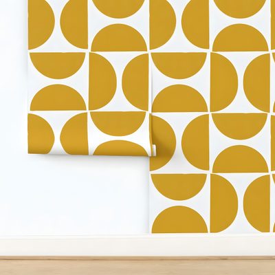 an orange and white geometric wallpaper with circles on the wall next to a wooden floor Halloween Circle Geometric In Ochre Mid Mod Hills Ochre, Shapes And Lines Jumbo Yellow On White, Round Checkers White On Gold Custom, wheat