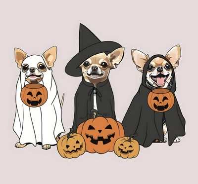 three dogs dressed up in halloween costumes with jack - o'- lantern pumpkins Halloween Chihuahua Halloween Themed Dog Drawing, Cute Halloween Dog Drawing, Halloween Puppy Drawings, gainsboro