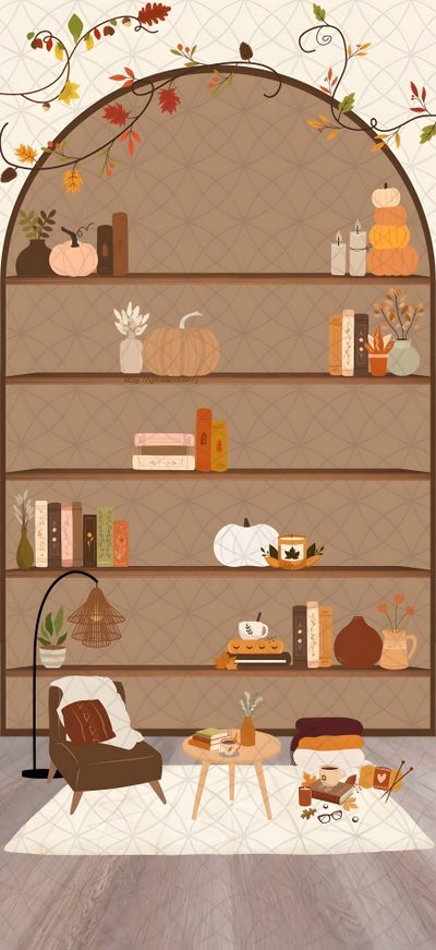 a living room filled with lots of furniture and shelves full of fall decorating items Halloween Bookshelf Iphone Fall Bookshelf Iphone, Cozy Iphone, Hygge Phone, Christmas Bookshelf, rosy brown