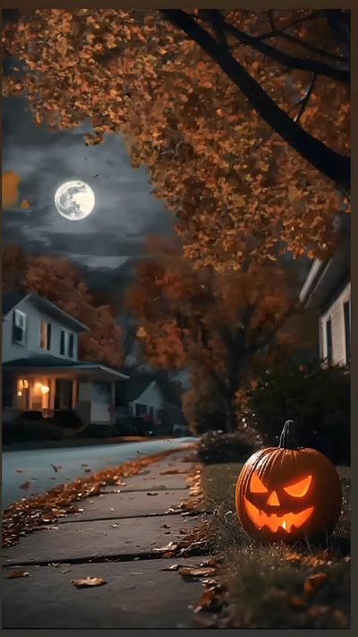 a halloween pumpkin sitting on the sidewalk in front of a house with a full moon behind it Halloween Videos Halloween Live Photo, Moving Halloween, Halloween Live, Halloween Night, dark slate gray
