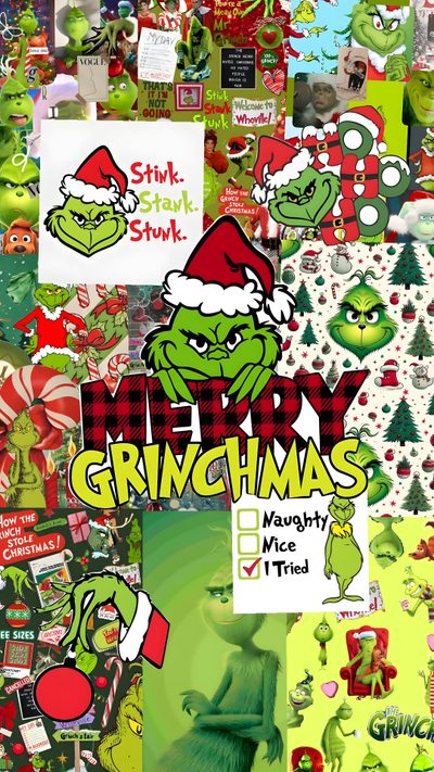 a collage of christmas stickers with the grin's face on it and other holiday Halloween Grinch Christmas Wall Paper Grinch, Grinch For Ipad, Cute Bakgrounds, yellow green