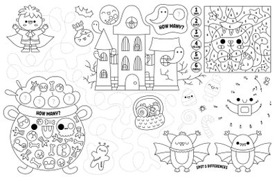halloween themed coloring pages for kids Halloween Maze Otomi Embroidery Playmat Halloween Placemats, Activity Mat, Kawaii Halloween, white