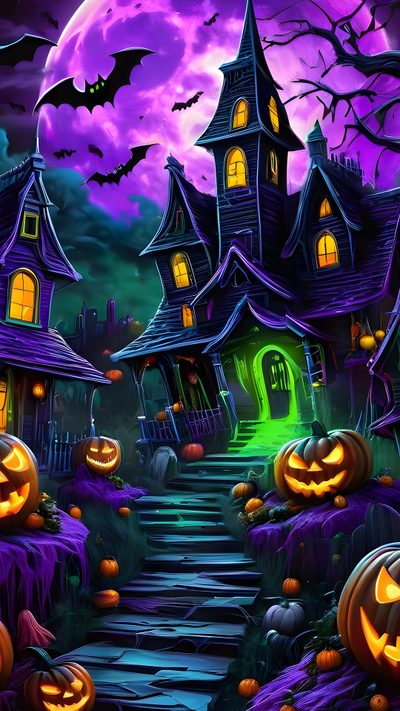 a halloween scene with pumpkins and scary houses Free Halloween For Android Cool Halloween Backgrounds, Blacklight Pictures, Cool Halloween Iphone, dark slate gray