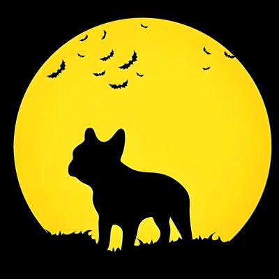 the silhouette of a dog in front of a full moon with bats flying above it Halloween French Bulldog French Bulldog Pumpkin Stencil, Free Printable French Bulldog Pumpkin Stencil, French Bulldog Pumpkin Carving, gold